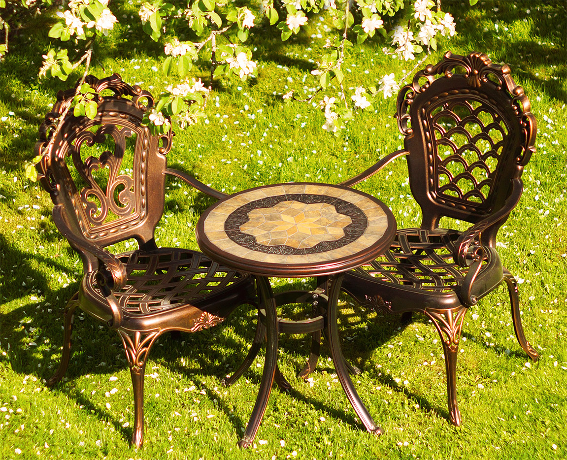 Комплект садовой мебели с о столом с мозаикой, столик для сада со стульями, мебель для летних веранд кафе, стол и стулья для улиц всепогодные, кованая мебель из литого алюминия и чугуна, кованый стол с мозаикой, стулья и стол в беседку, чугунная мебель